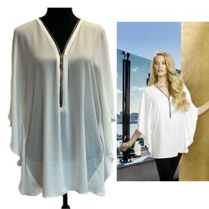 Frank Lyman white semi sheer chiffon butterfly sleeve half zip blouse top Sz S